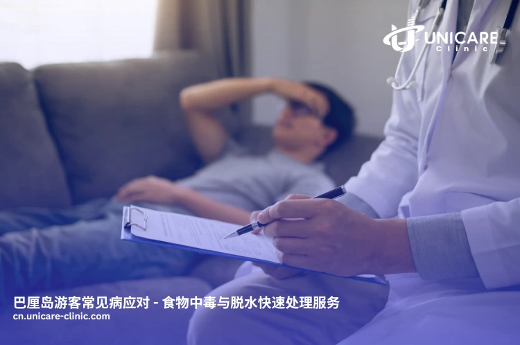 医生正在为旅途中身体不适的游客提供点滴与用药建议