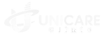 Unicare Clinic 白色官方标志，适用于深色背景的巴厘岛医疗服务品牌视觉